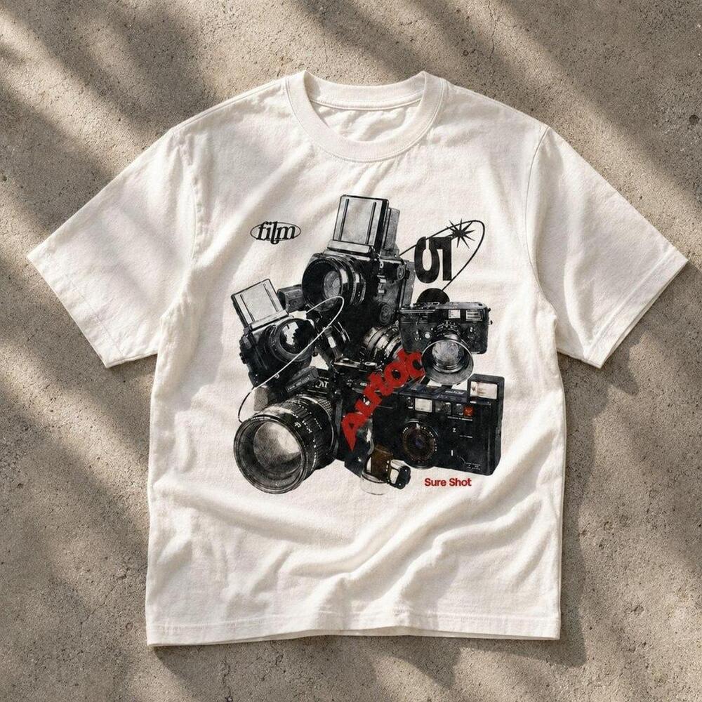 Film Camera Collage Graphic Tee White Unisex Shirt - Picture 1 of 4